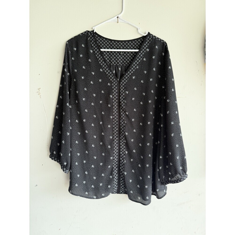 Talbots Black & White Floral 3/4 Sleeve Blouse Top Women's X-Large